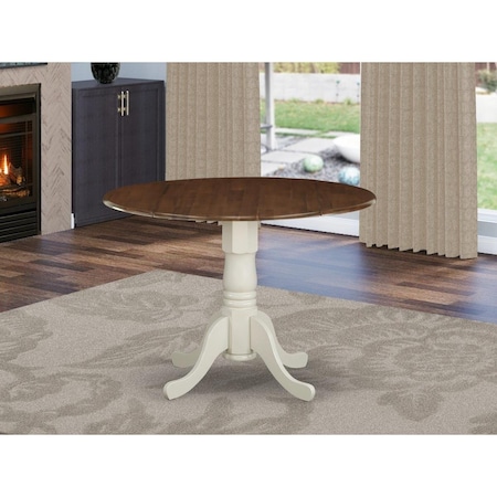 East West Furniture East West Furniture DMT-WLW-TP 42 in. Dublin Round Rubber Wood Walnut Dining Table with Two 9 in. Drop Leaves & Linen White Pedestal DMT-WLW-TP